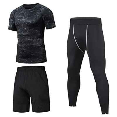 Niksa 3 Piezas Conjunto de Compresion Hombre, Camisetas Compression Mallas Running Pantalon Corto Deporte Ropa Deportiva Hombre para Running Correr Gym Fitness