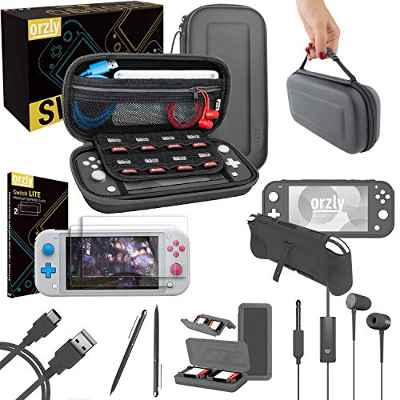 Orzly Accesorios para Nintendo Switch Lite – Pack Incluye: Protectores de Pantalla & Funda para Switch Lite Consola, Funda Comfort Grip, Cable USB, Auriculares y más. Rojo/Blanco
