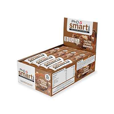 PhD Nutrition Smart Bar, Barras de proteínas bajas en azúcar, Sabor brownie de caramelo salteado, 21 gr proteína, Barras de 64 gr, paquete de 12