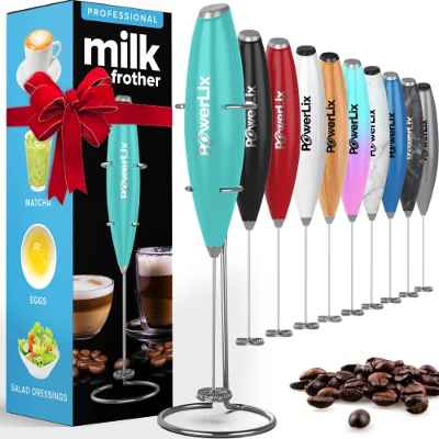 Powerlix Espumador de Leche Eléctrico de Mano - Batidora Leche Espuma Con soporte de acero inoxidable, 15-20s, potente 19000 rpm, Batidor para Café con leche, Capuchino, Chocolate Caliente,Aqua