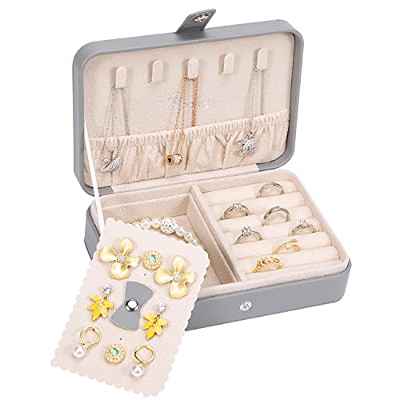 PU Portátil Pequeña Joyero Viaje Caja Joyero Organizador Para Anillos, Pendientes, Collares, Gemelos, Broches Organizador de Joyas, Gris
