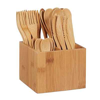 Relaxdays Set de cubertería de bambú, 10x Cuchillo, Tenedor, Cuchara, Cucharilla, Soporte de madera, Reutilizable, Marrón