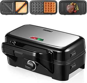 Sandwichera 3 en 1, 1200W Gofrera, Grill Sandwichera Plancha con Interruptor de Seguridad, 3 Placas Antiadherentes y Extraíbles