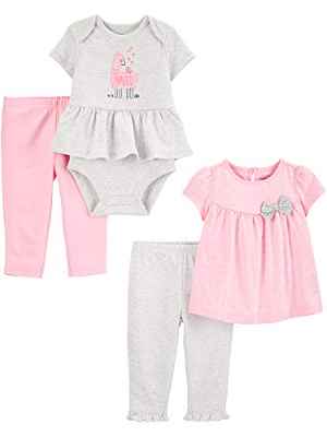 Simple Joys by Carter's 4-Piece Bodysuit, and Pant Set Conjunto de Pantalones, Rosa/Gris, Topos/Llama, 0 Meses, Pack de 4