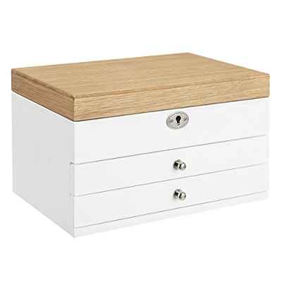 SONGMICS Caja de Joyas de 3 Niveles, Organizador de Joyería de Madera, Caja Joyero con Cajones, Forro de Terciopelo, Madera de Ingeniería, para Anillos, Pendientes, Pulseras, Collares, Blanco JOW15WN
