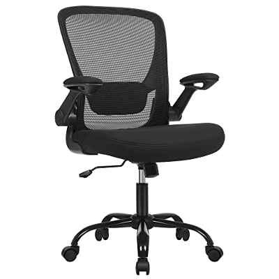 SONGMICS Silla de Oficina, de Escritorio, Giratoria de Malla, de Ordenador Ergonómica, Soporte Lumbar, Oscilante, Asiento 53 cm, Apoyabrazos Abatibles, Negro OBN37BK