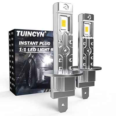 TUINCYN Bombilla H1 LED 55W 6500K Blanco, 1:1 Mini Luz Bombilla Plus 300% Brillo Súper Brillante 12000Lm Lámpara de Cruce y Antiniebla Halógena de Repuesto pour Coche y Moto 12V/24V- H1 Lámparas x2