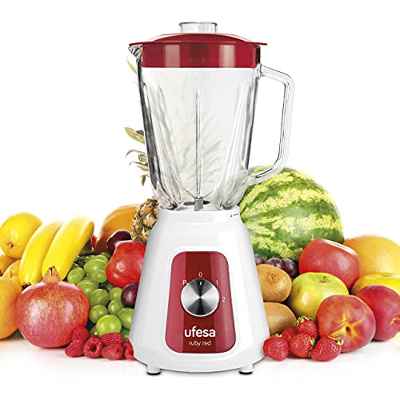 Ufesa BS4717 Ruby Red Batidora de Vaso, 1500 W, Jarra de Cristal de 1.5L, 2 Velocidades + Pulse, Cierre Hermético, Pica hielo, 4 Cuchillas de Acero Inoxidable, Libre de BPA, Blanco/Rojo