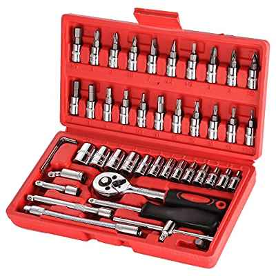 Wopeite Juego de Llaves de Vaso 1/4" Adaptador Cromo Vanadio de bricolaje para el coche 46 Piezas Rojo