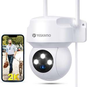 YESKAMO 2K Cámara Vigilancia WiFi Exterior o Interior con Eléctrico 360 Grados, Cámara IP Domicilio IP66 Sensor de Movimiento